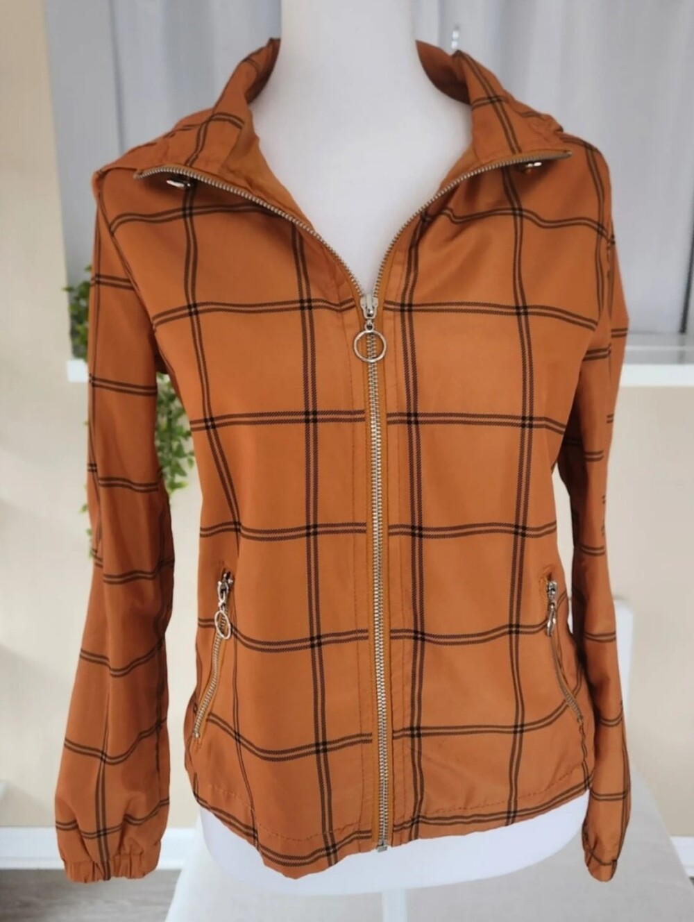 Charlotte Russe Rust Windowpane Zip Bomber Windbreaker